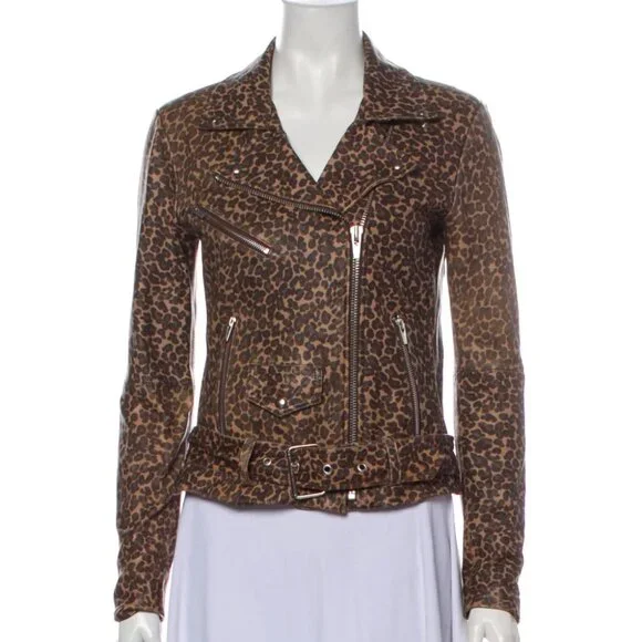 Veda Leopard Print Leather Biker Jacket - Picture 1 of 10
